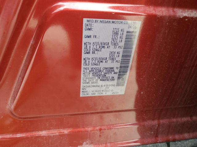 5N1AR2MN8GC649996 - 2016 NISSAN PATHFINDER S ბურგუნდია ფოტო 12