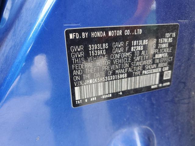 JHMGK5H53GX015968 - 2016 HONDA FIT LX BLUE photo 12