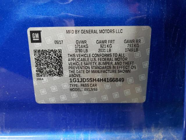 1G1JD5SH4H4166849 - 2017 CHEVROLET SONIC LT BLUE photo 12