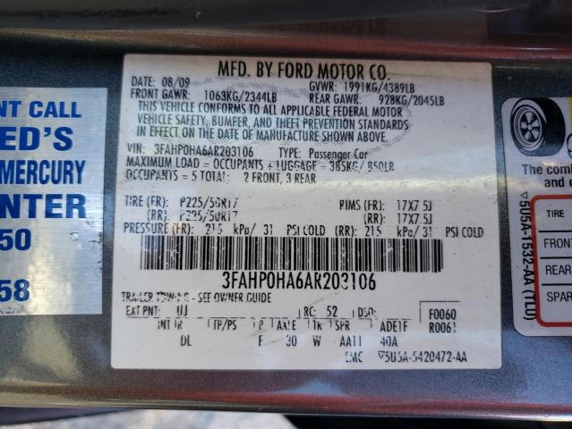 3FAHP0HA6AR203106 - 2010 FORD FUSION SE GRAY photo 13