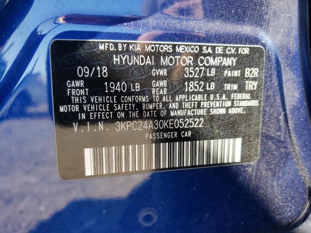 3KPC24A30KE052522 - 2019 HYUNDAI ACCENT SE BLUE photo 12