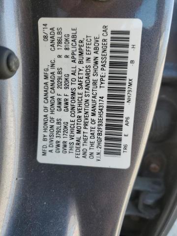 2HGFB2F93EH543174 - 2014 HONDA CIVIC EXL GRAY photo 12