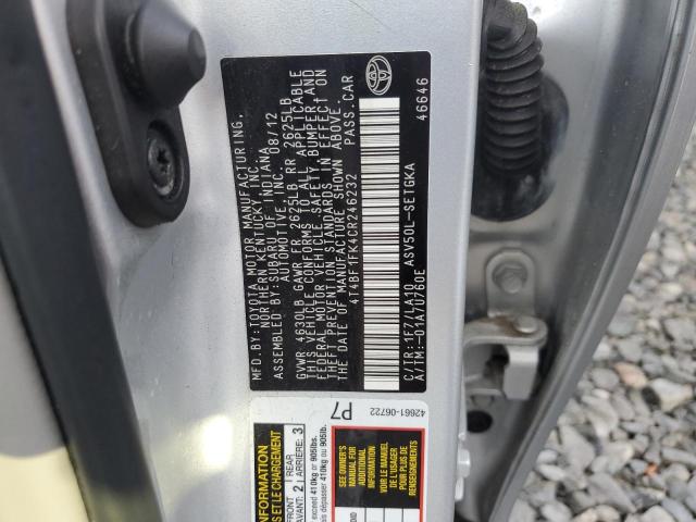 4T4BF1FK4CR246232 - 2012 TOYOTA CAMRY BASE SILVER photo 13