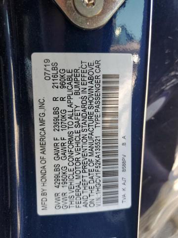 1HGCV1F52KA135521 - 2019 HONDA ACCORD EXL BLUE photo 12