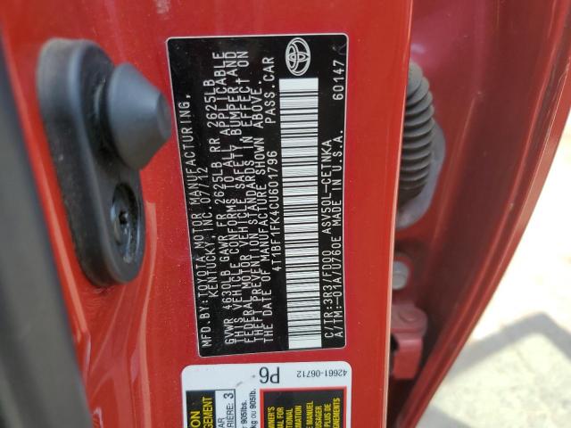 4T1BF1FK4CU601796 - 2012 TOYOTA CAMRY BASE წითელი ფოტო 12