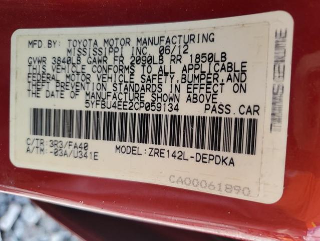 5YFBU4EE2CP059134 - 2012 TOYOTA COROLLA BASE Czerwony zdjęcie 12