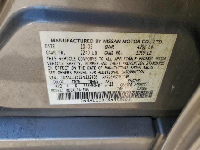 1N4AL11D16N332405 - 2006 NISSAN ALTIMA S GRAY photo 12