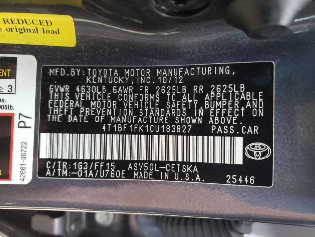 4T1BF1FK1CU183827 - 2012 TOYOTA CAMRY BASE GRAY photo 12