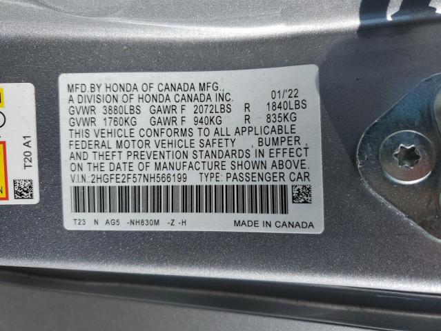 2HGFE2F57NH566199 - 2022 HONDA CIVIC SPORT 银色 照片 12