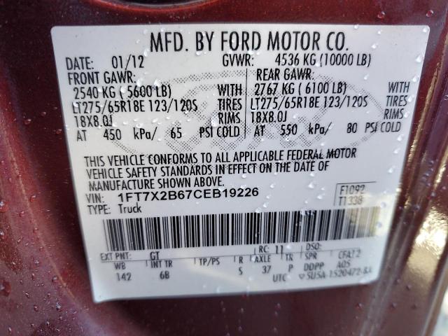 1FT7X2B67CEB19226 - 2012 FORD F250 SUPER DUTY BURGUNDY photo 12