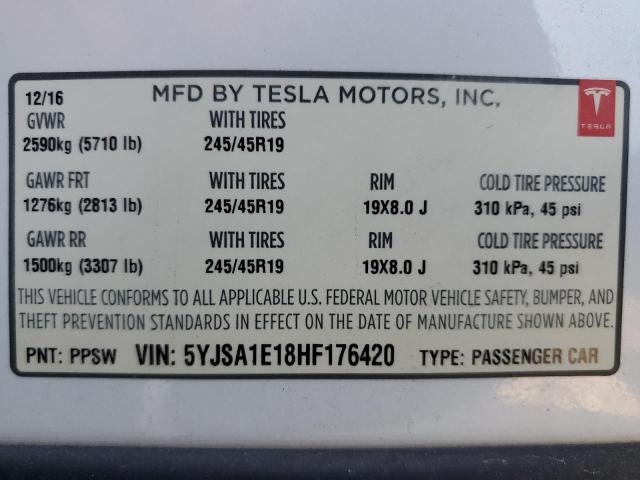 5YJSA1E18HF176420 - 2017 TESLA MODEL S WHITE photo 12