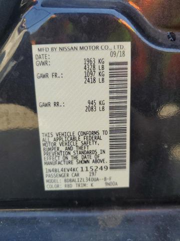 1N4BL4EV4KC115249 - 2019 NISSAN ALTIMA SL 石墨色 照片 12