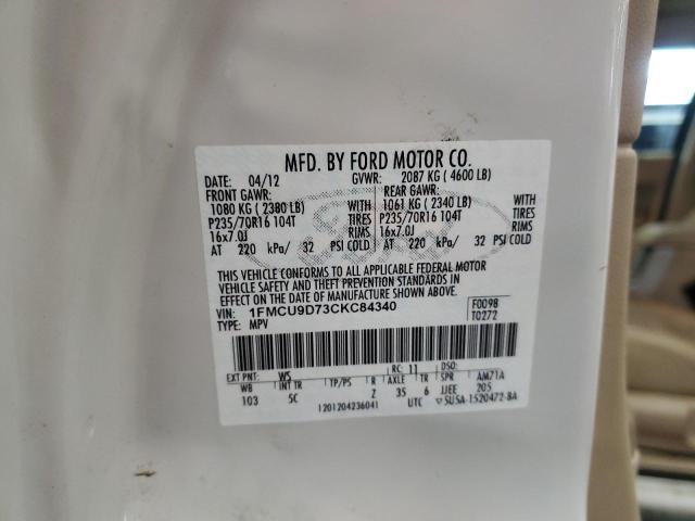 1FMCU9D73CKC84340 - 2012 FORD ESCAPE XLT თეთრი ფოტო 13