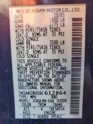 5N1AR18U16C612864 - 2006 NISSAN PATHFINDER LE 蓝色 照片 13