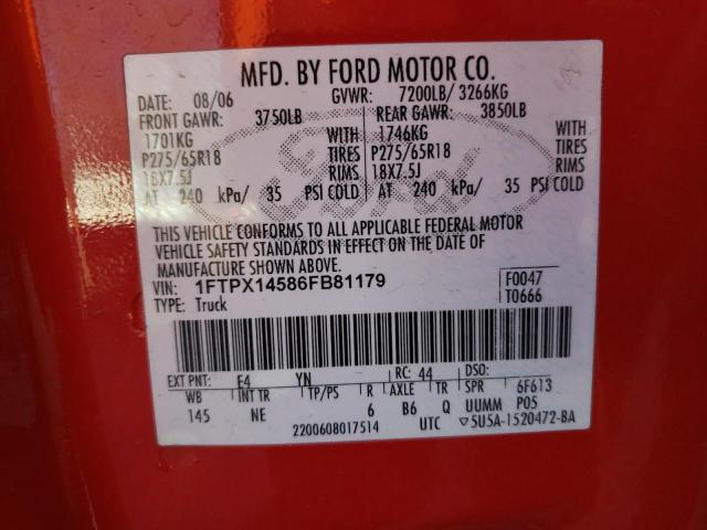 1FTPX14586FB81179 - 2006 FORD F150 RED photo 12