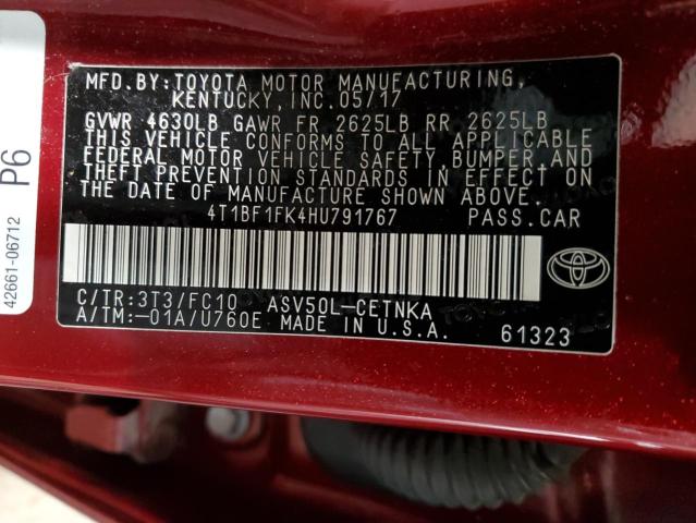 4T1BF1FK4HU791767 - 2017 TOYOTA CAMRY LE RED photo 12