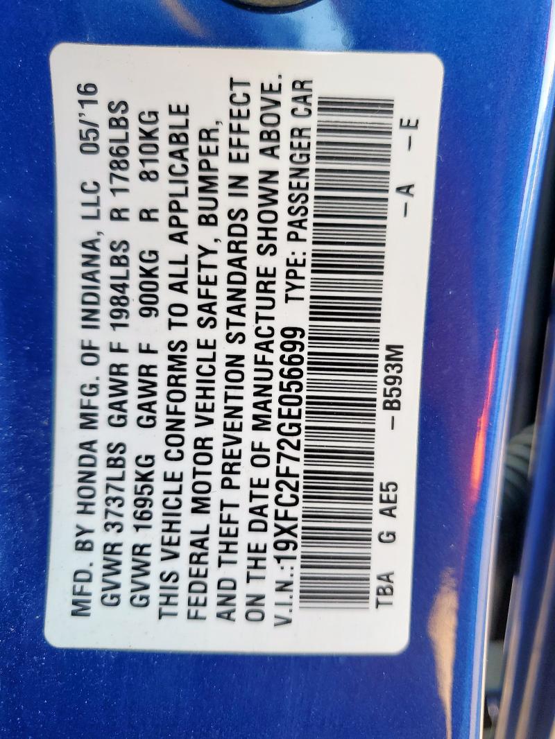 19XFC2F72GE056699 - 2016 HONDA CIVIC EX 蓝色 照片 12