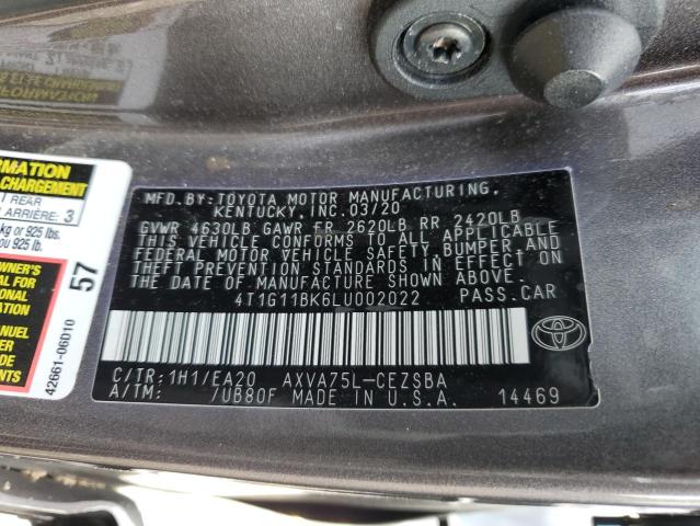 4T1G11BK6LU002022 - 2020 TOYOTA CAMRY SE GRAY photo 12