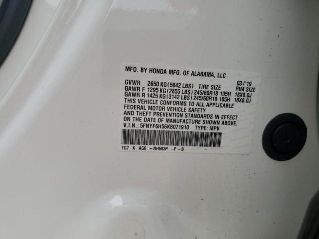 5FNYF6H56KB071910 - 2019 HONDA PILOT EXL WHITE photo 13