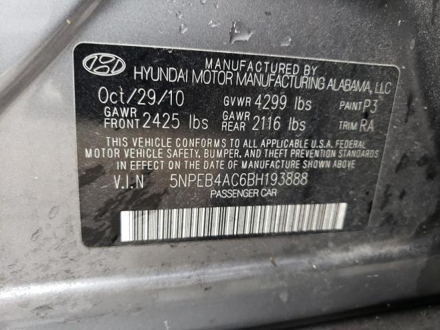 5NPEB4AC6BH193888 - 2011 HYUNDAI SONATA GLS SILVER photo 13