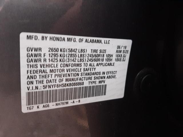 5FNYF6H58KB088868 - 2019 HONDA PILOT EXL GRAY photo 14