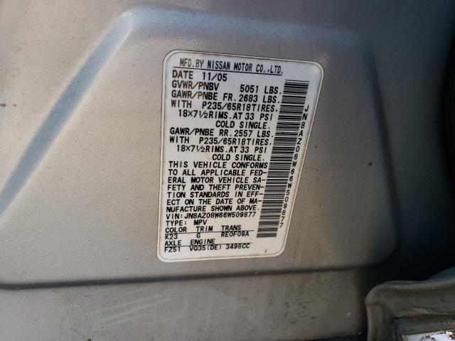 JN8AZ08W66W509877 - 2006 NISSAN MURANO SL SILVER photo 13