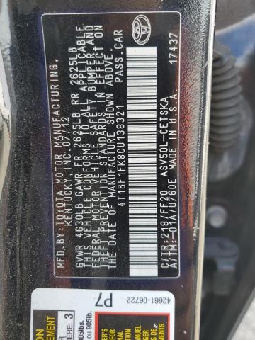 4T1BF1FK8CU138321 - 2012 TOYOTA CAMRY BASE BLACK photo 12