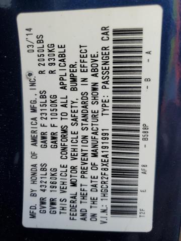 1HGCR2F8XEA191991 - 2014 HONDA ACCORD EXL BLUE photo 12