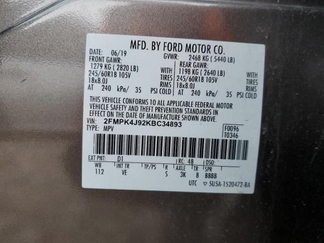 2FMPK4J92KBC34893 - 2019 FORD EDGE SEL TAN photo 13