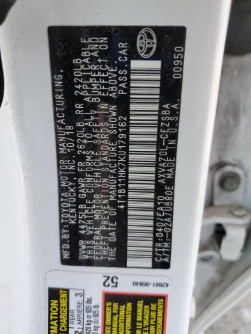 4T1B11HK7KU179162 - 2019 TOYOTA CAMRY L WHITE photo 12