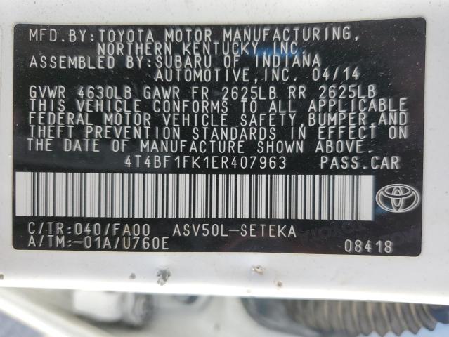 4T4BF1FK1ER407963 - 2014 TOYOTA CAMRY L WHITE photo 12