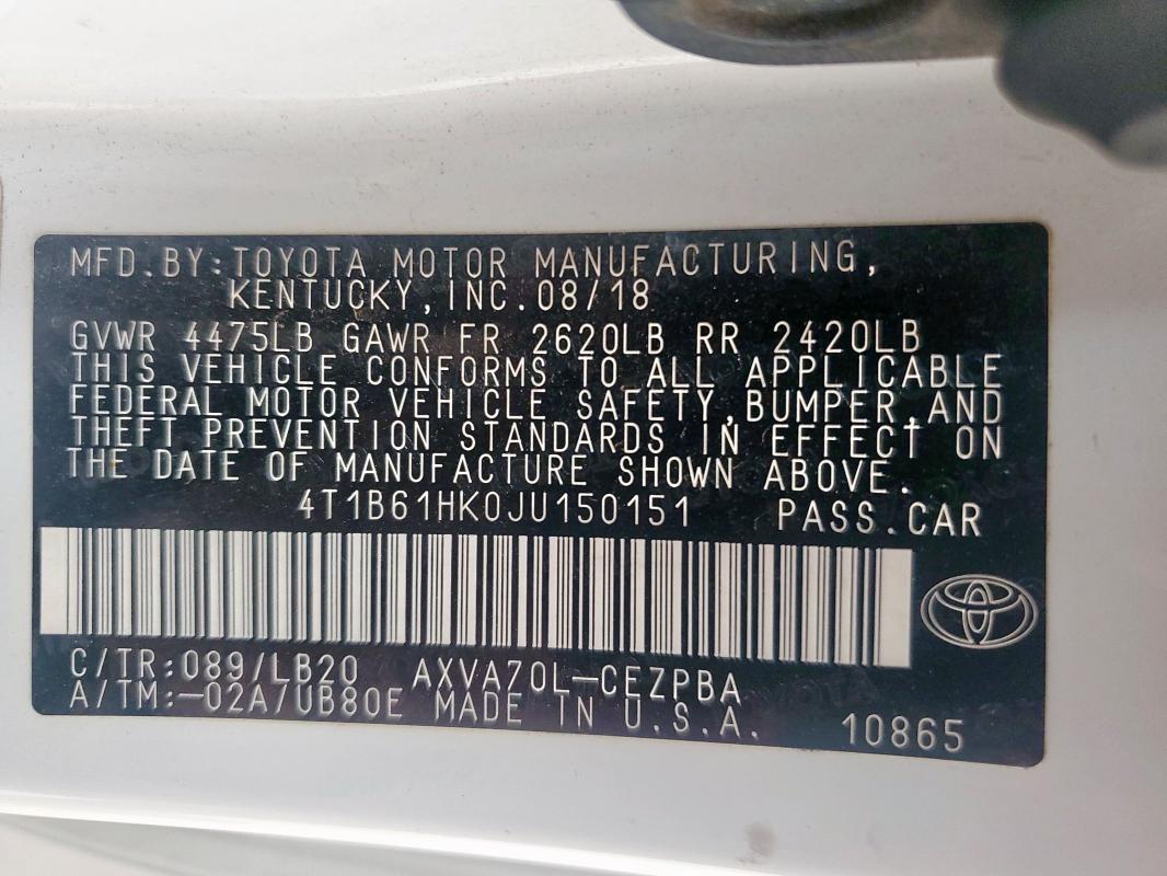 4T1B61HK0JU150151 - 2018 TOYOTA CAMRY XSE თეთრი ფოტო 12