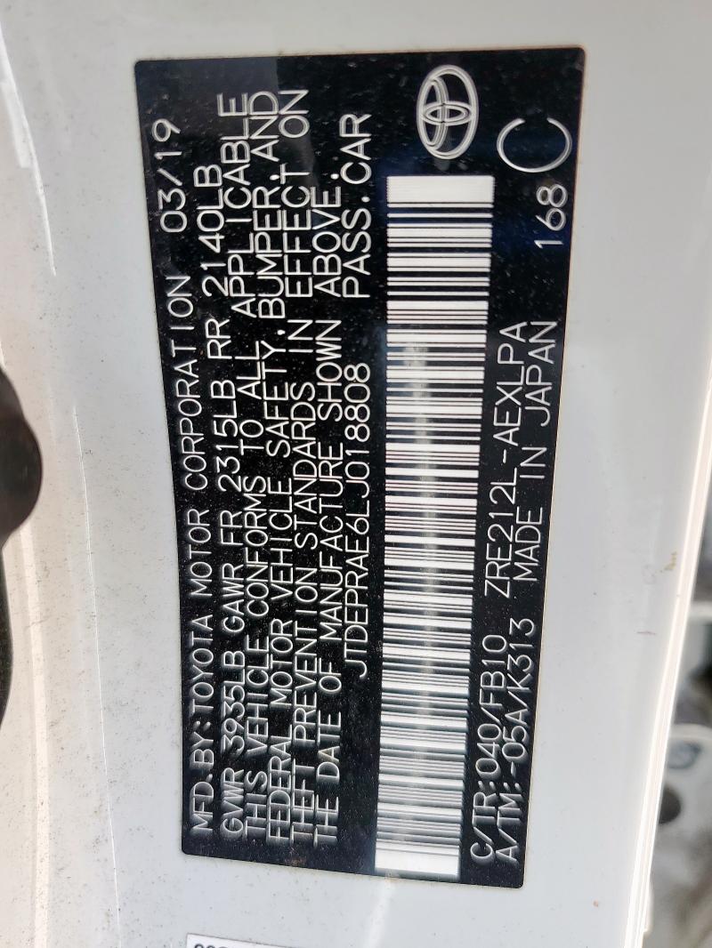 JTDEPRAE6LJ018808 - 2020 TOYOTA COROLLA LE WHITE photo 12