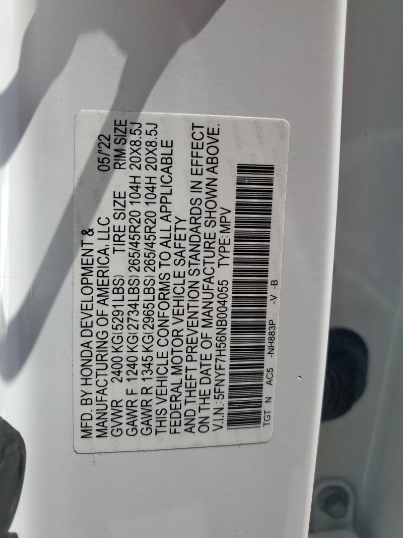 5FNYF7H56NB004055 - 2022 HONDA PASSPORT EXL Белый фото 13