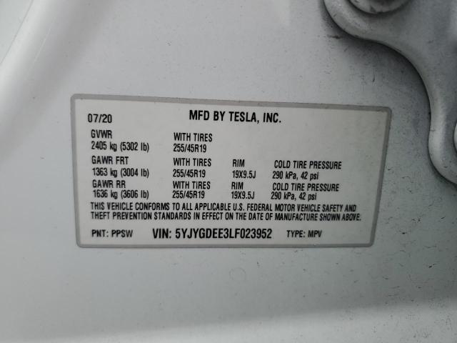 5YJYGDEE3LF023952 - 2020 TESLA MODEL Y WHITE photo 12