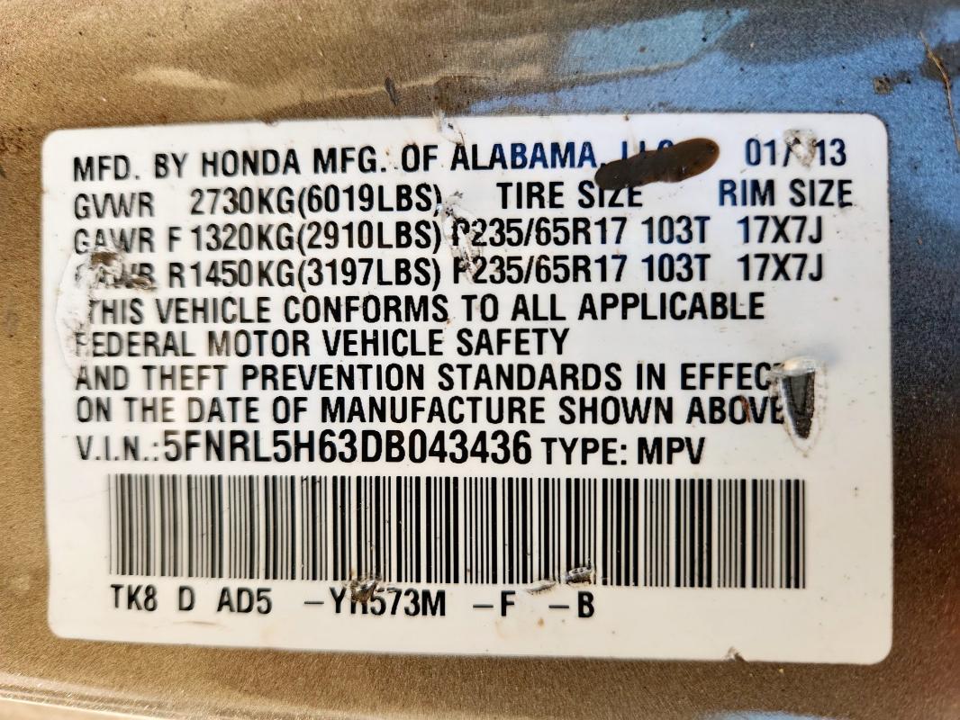 5FNRL5H63DB043436 - 2013 HONDA ODYSSEY EXL 金色 照片 13