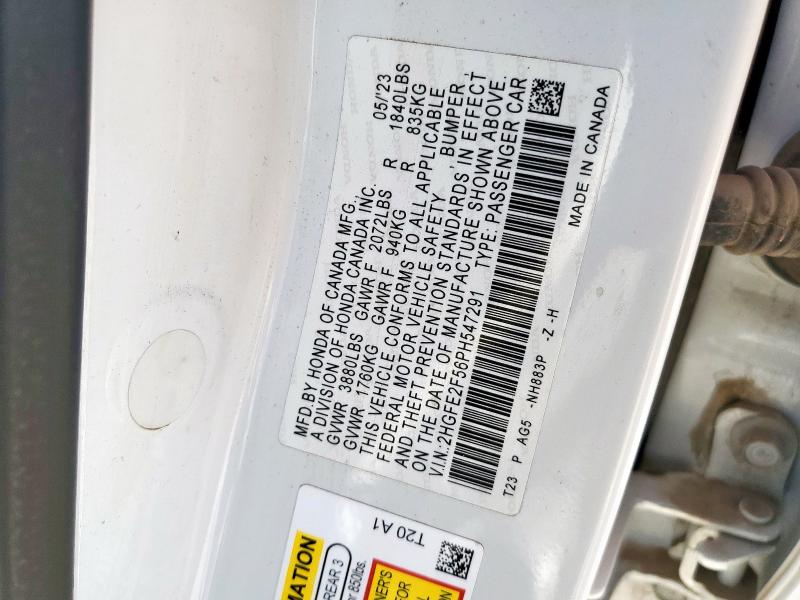 2HGFE2F56PH547291 - 2023 HONDA CIVIC SPORT WHITE photo 13