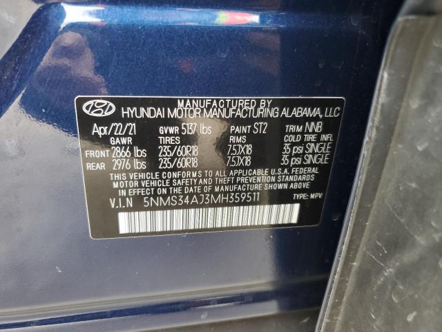 5NMS34AJ3MH359511 - 2021 HYUNDAI SANTA FE SEL BLUE photo 12