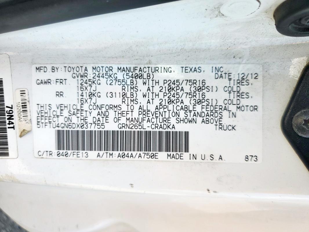 5TFTU4GN6DX037755 - 2013 TOYOTA TACOMA PRERUNNER ACCESS CAB WHITE photo 13