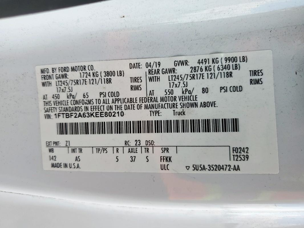 1FTBF2A63KEE80210 - 2019 FORD F250 SUPER DUTY თეთრი ფოტო 12