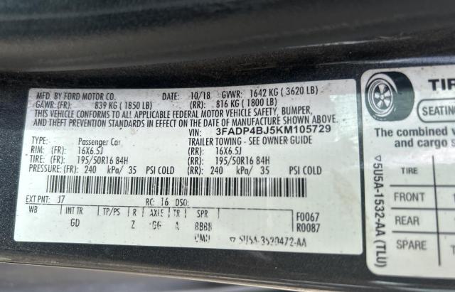 3FADP4BJ5KM105729 - 2019 FORD FIESTA SE 灰色 照片 10