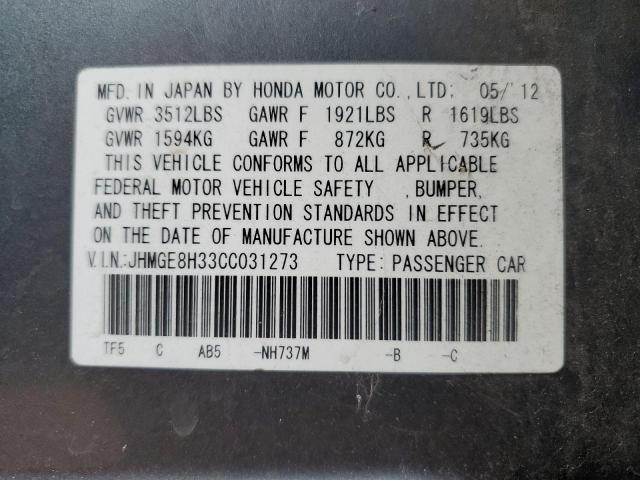 JHMGE8H33CC031273 - 2012 HONDA FIT GRAY photo 12