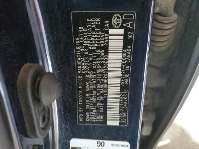 2T1BURHEXKC128630 - 2019 TOYOTA COROLLA L BLUE photo 12