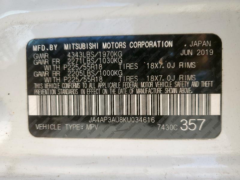 JA4AP3AU8KU034616 - 2019 MITSUBISHI OUTLANDER ES თეთრი ფოტო 14