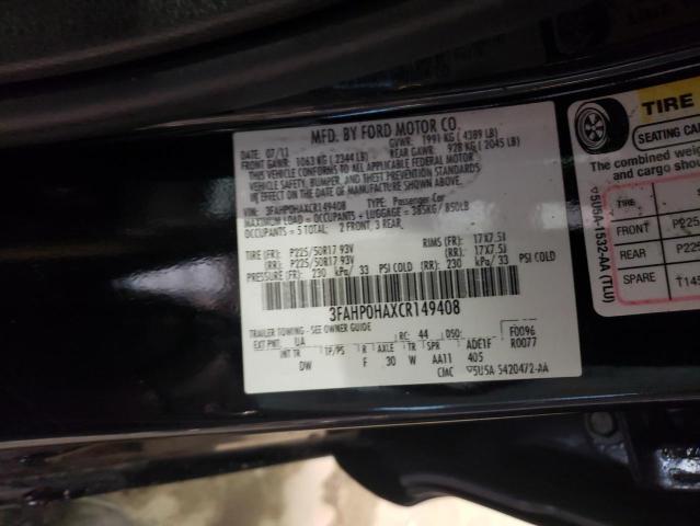 3FAHP0HAXCR149408 - 2012 FORD FUSION SE BLACK photo 12