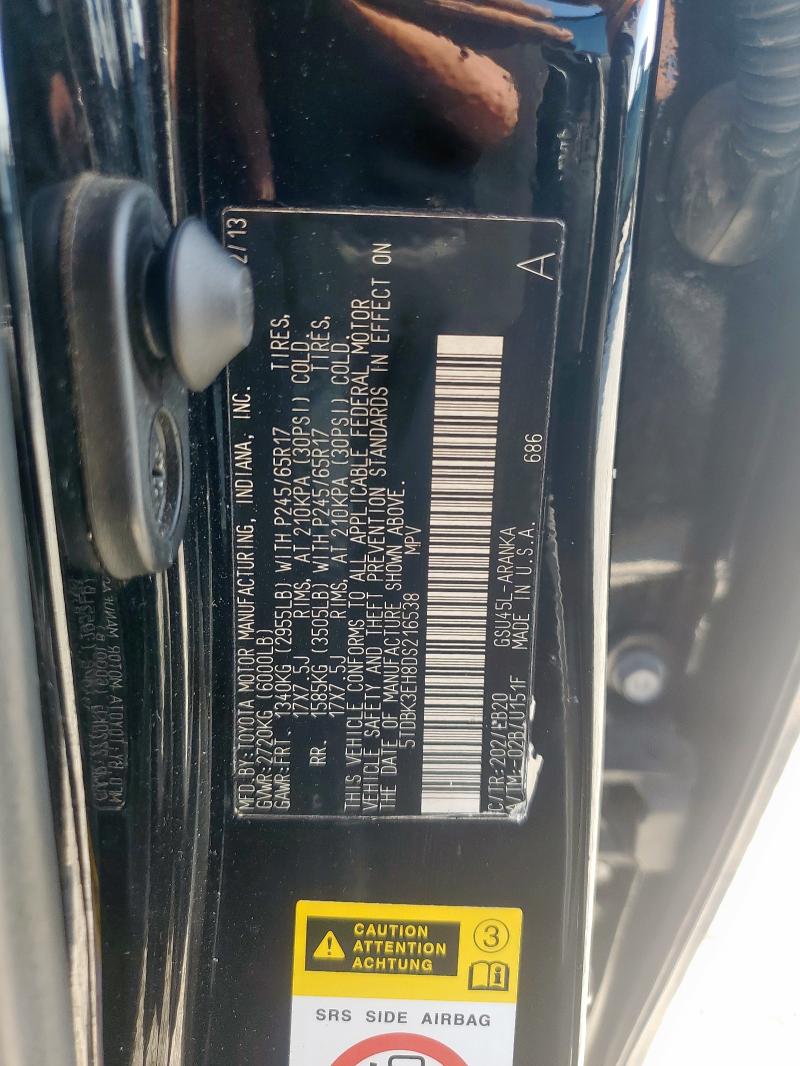 5TDBK3EH8DS216538 - 2013 TOYOTA HIGHLANDER BASE Черный фото 13