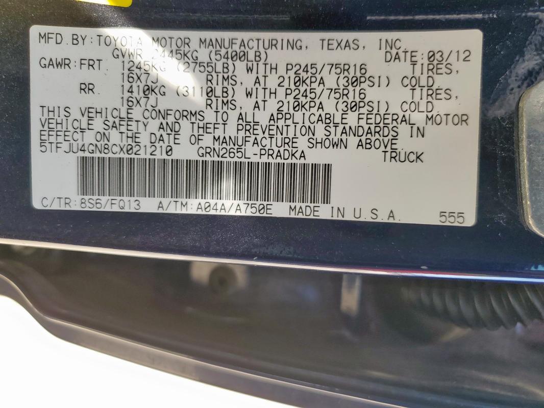 5TFJU4GN8CX021210 - 2012 TOYOTA TACOMA DOUBLE CAB PRERUNNER BLUE photo 12