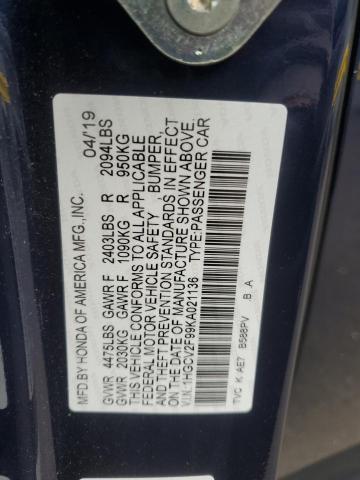 1HGCV2F99KA021136 - 2019 HONDA ACCORD TOURING ლურჯი ფოტო 12
