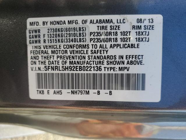 5FNRL5H92EB022136 - 2014 HONDA ODYSSEY TOURING GRAY photo 13