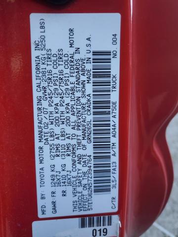 5TETU62N57Z394764 - 2007 TOYOTA TACOMA PRERUNNER ACCESS CAB RED photo 12